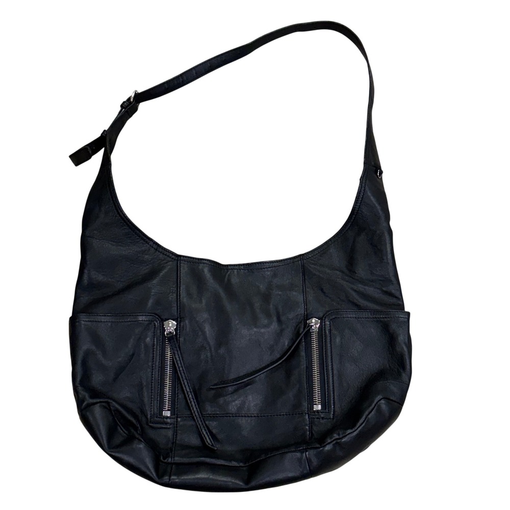 Olivia Harris Tribeca Black Leather Hobo Bag Zipper Pockets Shoulder Bag